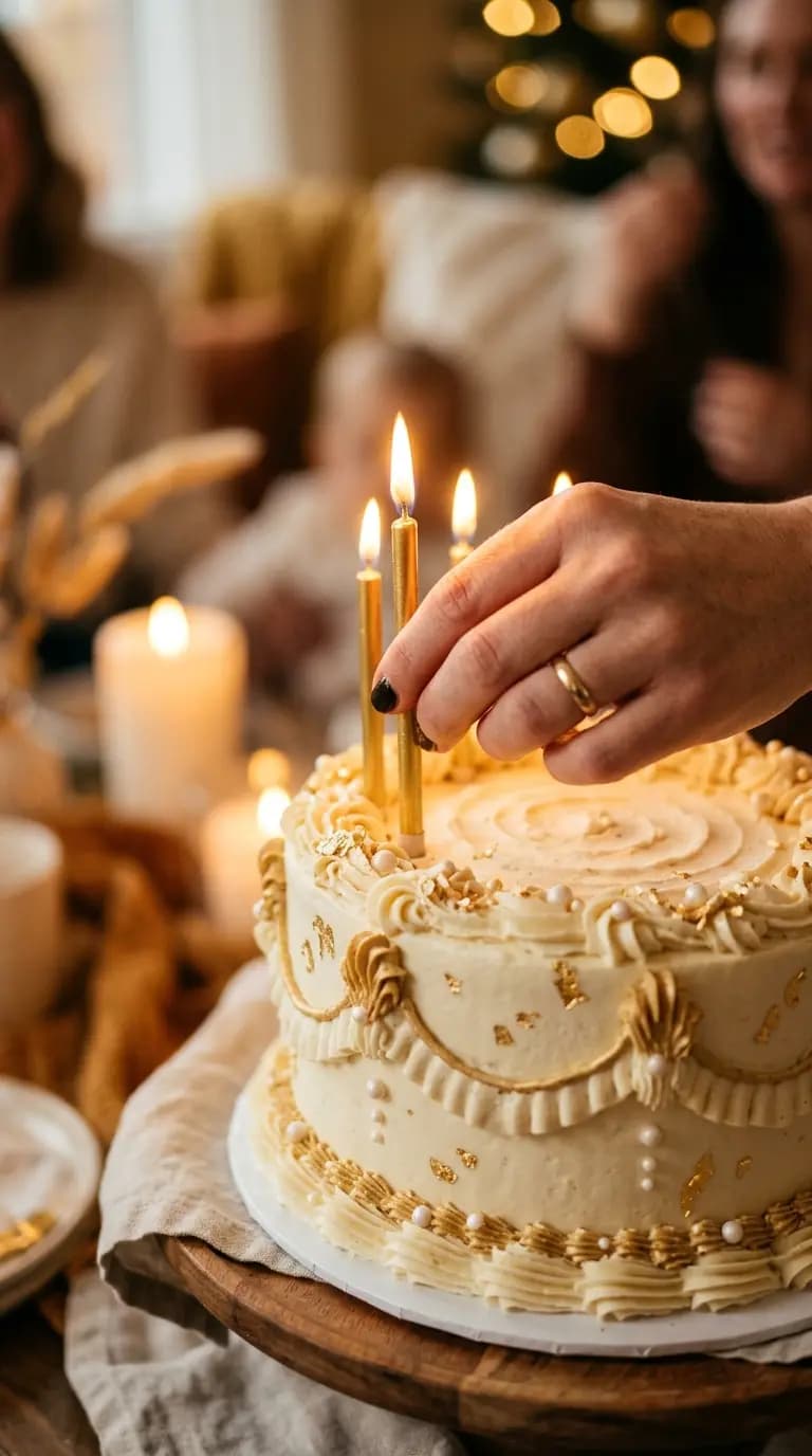 Candles being lit on a gold-trimmed birthday cake