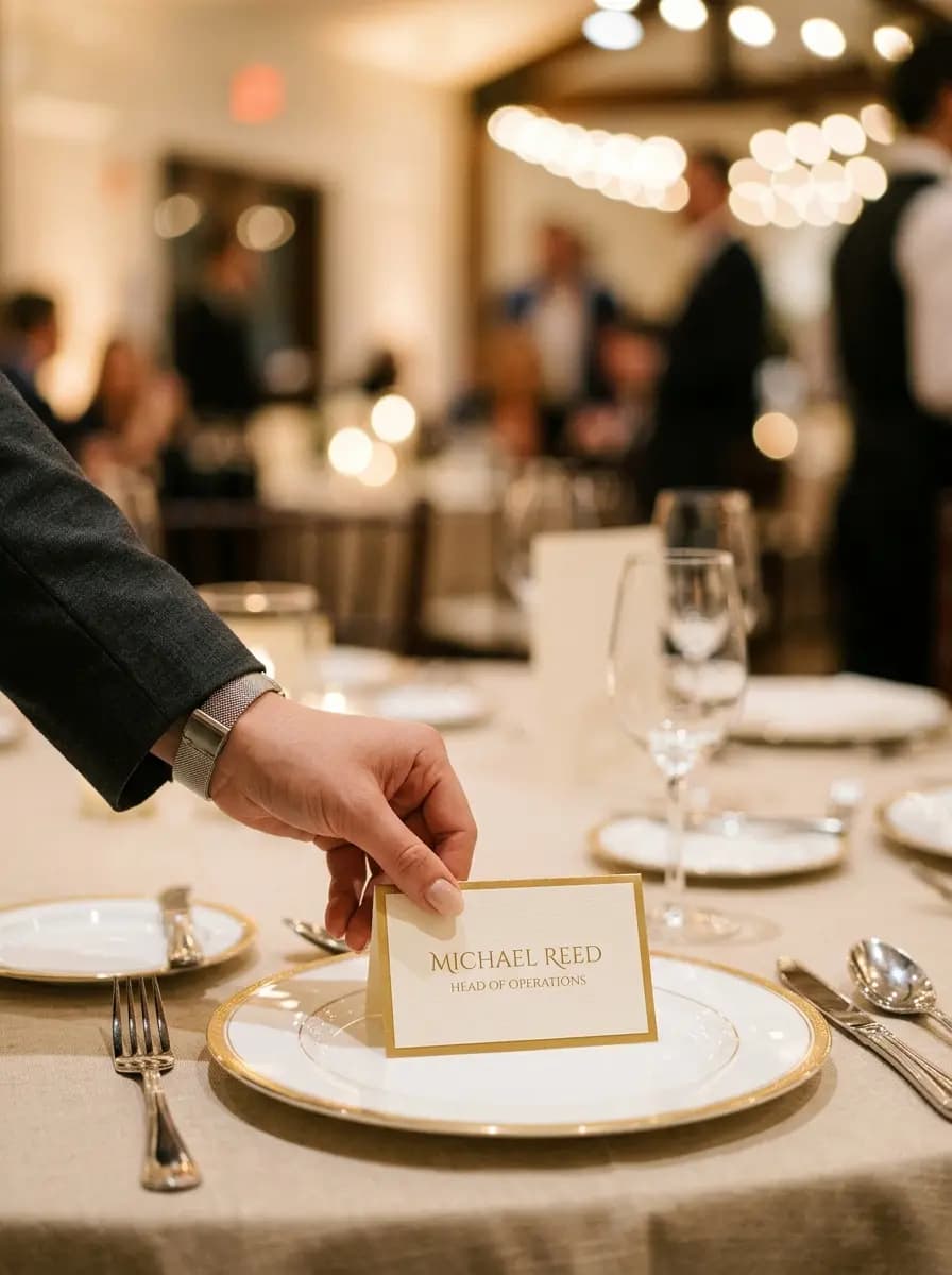 A place card being set on a dinner table